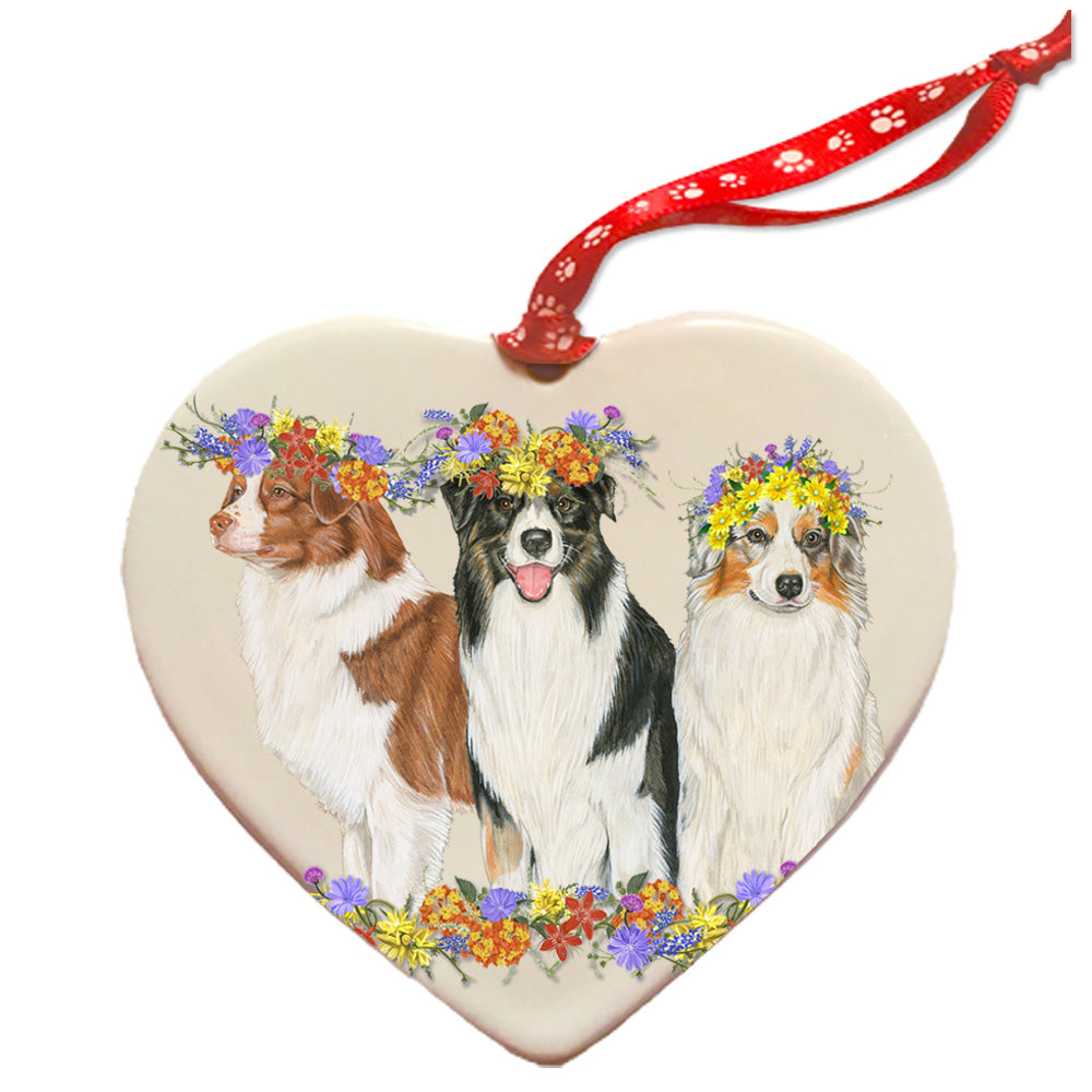 Australian Shepherd Porcelain Floral Heart Shaped Ornament Double-sided - Pipsqueakproductions