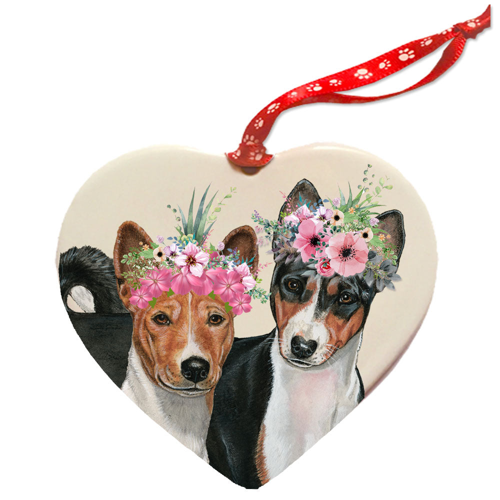 Basenji Porcelain Floral Heart Shaped Ornament Double-sided - Pipsqueakproductions