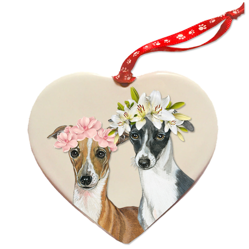 Italian Greyhound Dog Porcelain Floral Heart Shaped Ornament Décor Pet Gift - Pipsqueakproductions