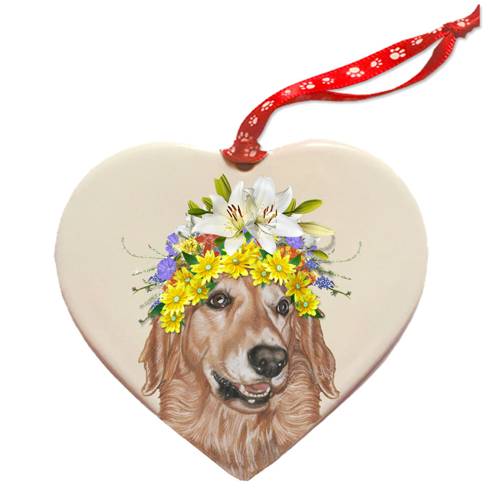 Golden Retriever Porcelain Floral Heart Ornament Double-Sided - Pipsqueakproductions