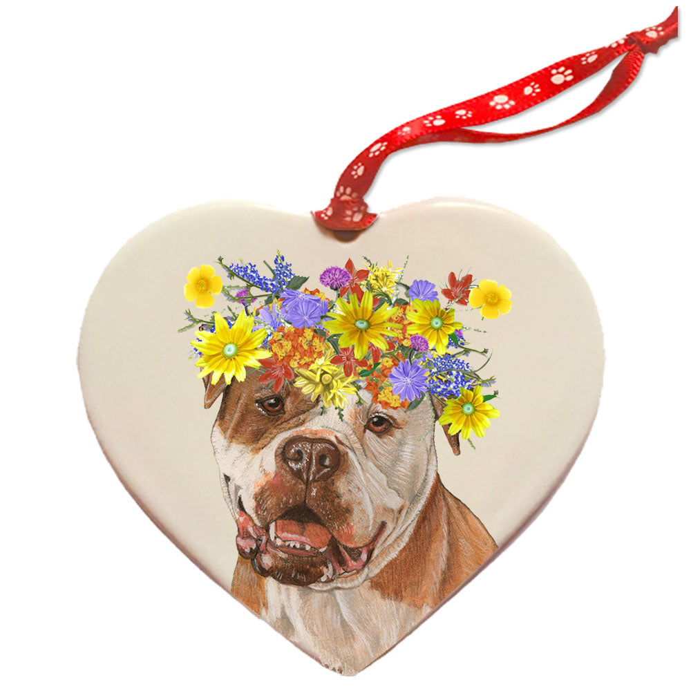 American Bulldog Porcelain Floral Heart Shaped Ornament Double-Sided - Pipsqueakproductions
