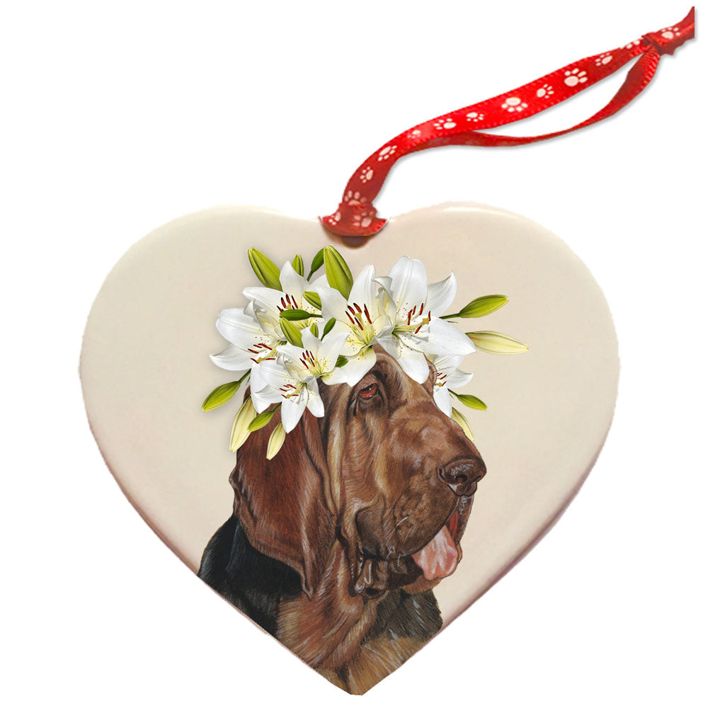 Bloodhound Porcelain Floral Heart Shaped Double-Sided Ornament Décor - Pipsqueakproductions