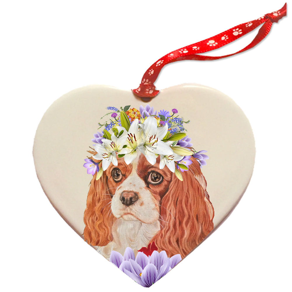 Cavalier King Charles  Porcelain Floral Heart Shaped Ornament Double-Sided - Pipsqueakproductions