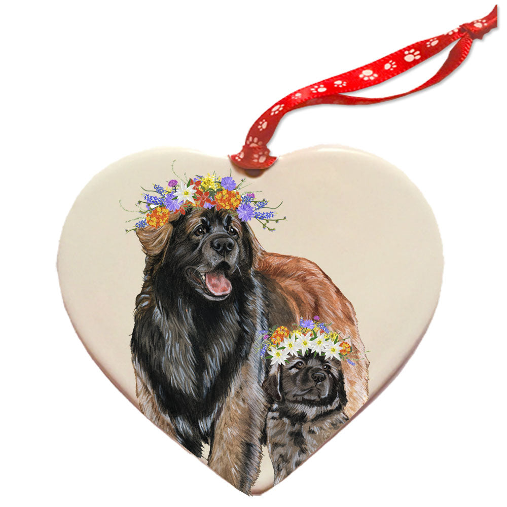 Leonberger Dog Porcelain Floral Heart Shaped Ornament Décor Pet Gift - Pipsqueakproductions