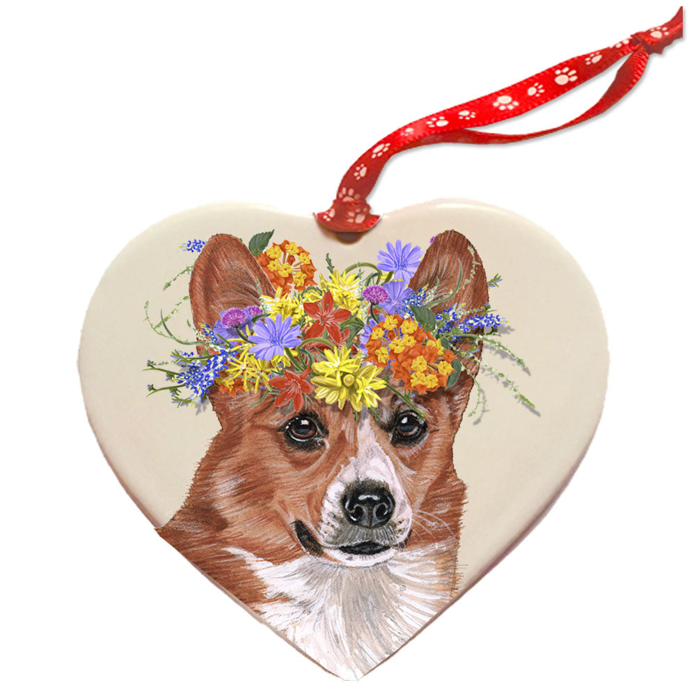 Corgi Pembroke Welsh Porcelain Floral Heart Shaped Ornament Double-Sided - Pipsqueakproductions