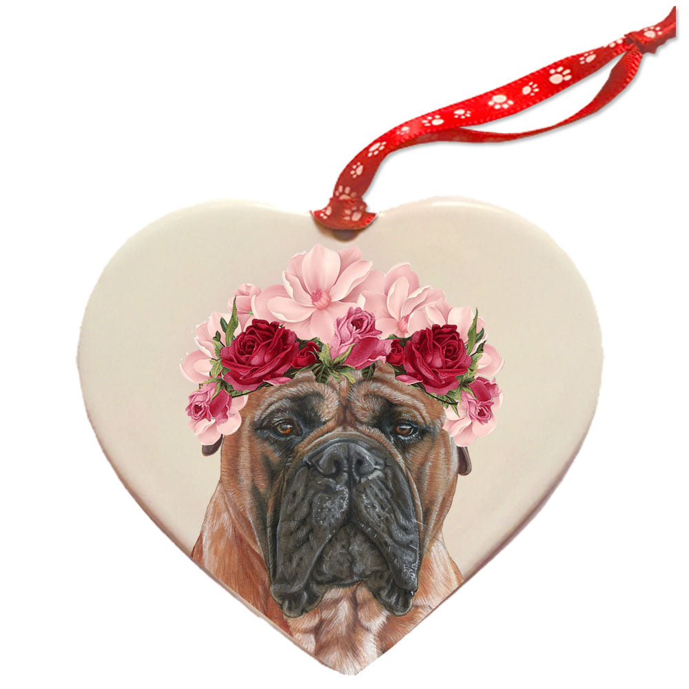 Bullmastiff Porcelain Floral Heart Shaped Ornament Double-Sided - Pipsqueakproductions