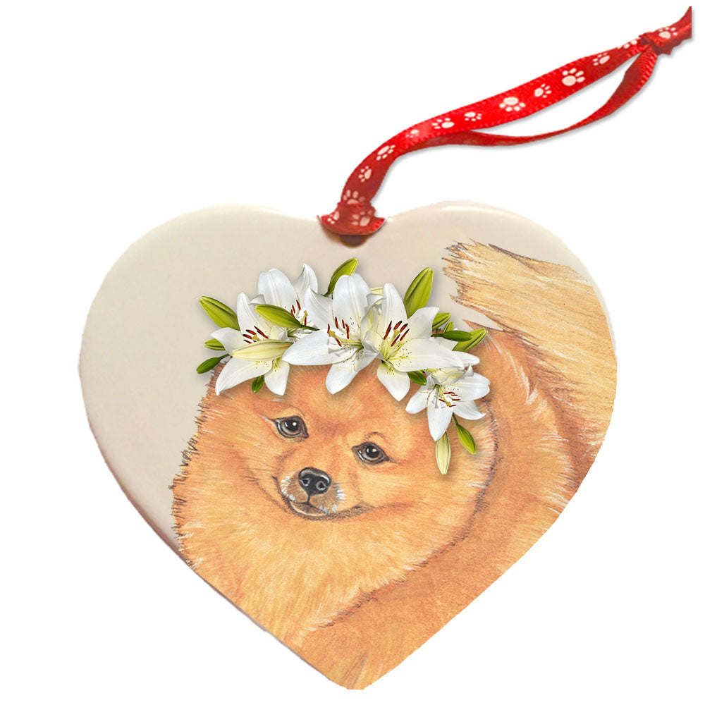 Pomeranian Dog Porcelain Floral Heart Shaped Ornament Décor Pet Gift - Pipsqueakproductions