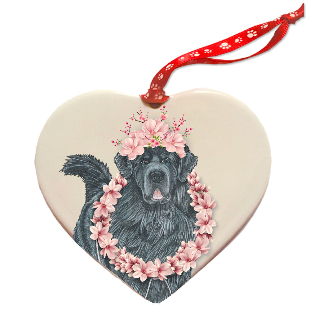 Newfoundland Newfie Dog Porcelain Floral Heart Shaped Ornament Décor Pet Gift - Pipsqueakproductions