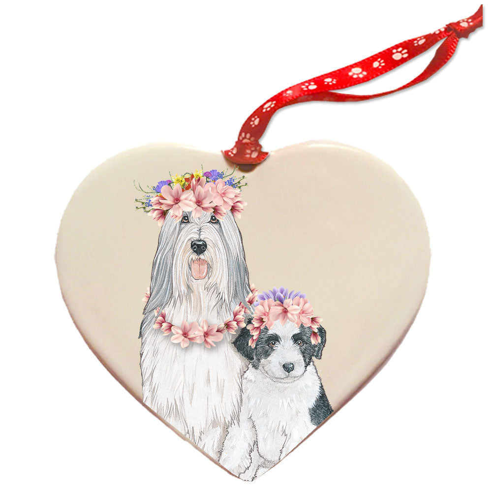 Bearded Collie Porcelain Floral Heart Shaped Double-Sided Ornament Décor - Pipsqueakproductions