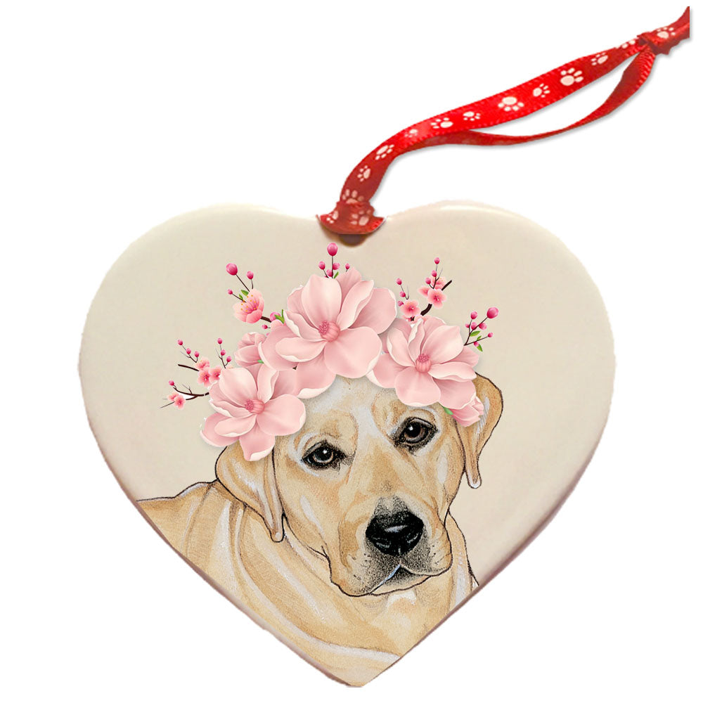 Labrador Retriever Yellow Lab Dog Porcelain Floral Heart Shaped Ornament Décor Pet Gift - Pipsqueakproductions