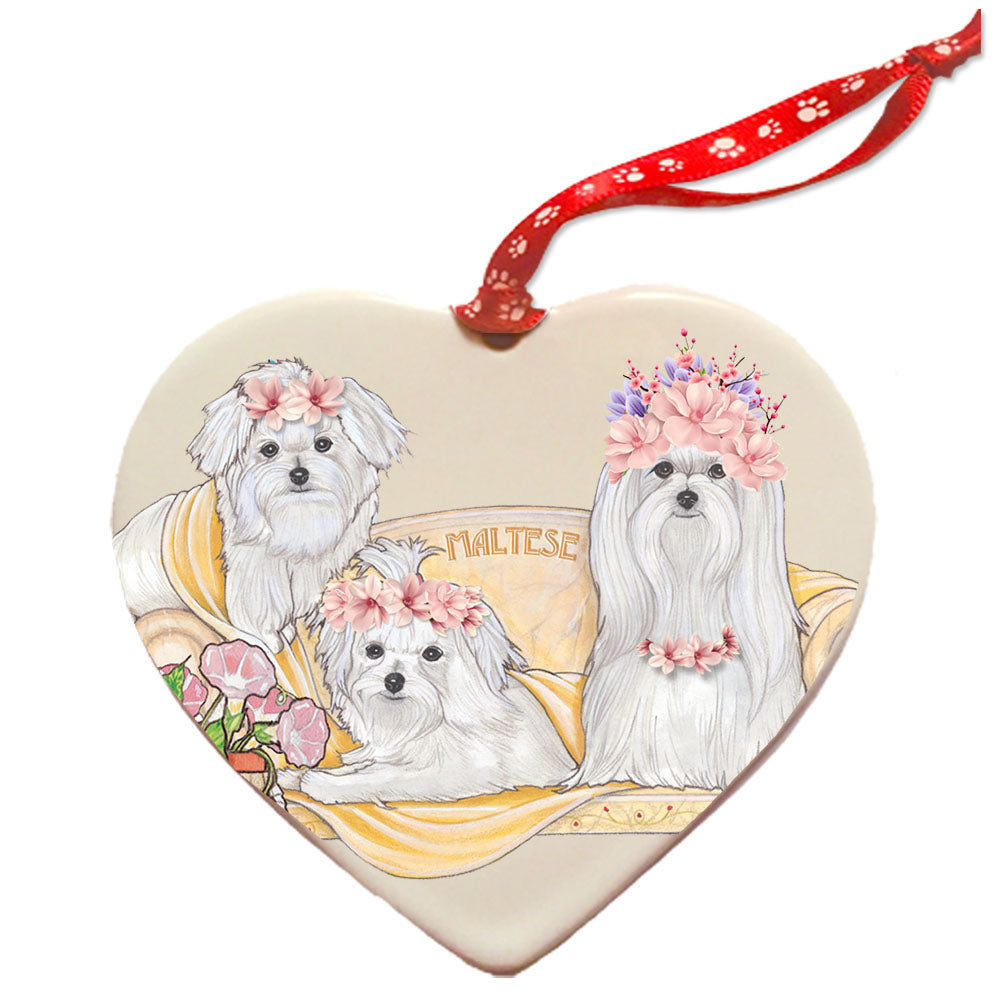 Maltese Dog Porcelain Floral Heart Shaped Ornament Décor Pet Gift - Pipsqueakproductions