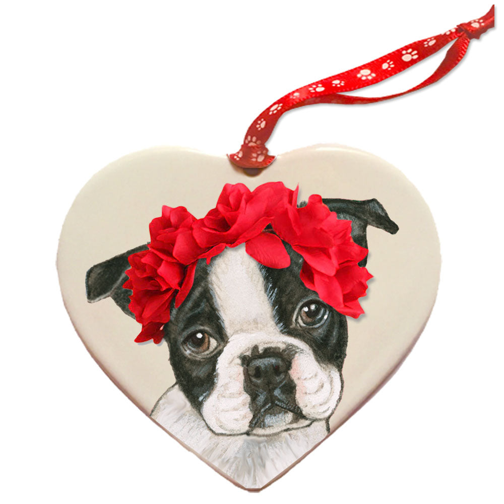 Boston Terrier Porcelain Valentine’s Day Heart Ornament Double-Sided - Pipsqueakproductions