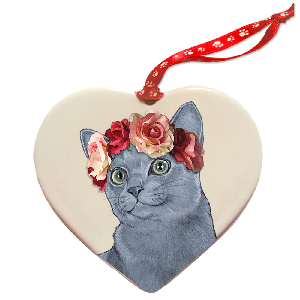Russian Blue Cat Porcelain Valentine’s Day Heart Ornament Pet Gift - Pipsqueakproductions
