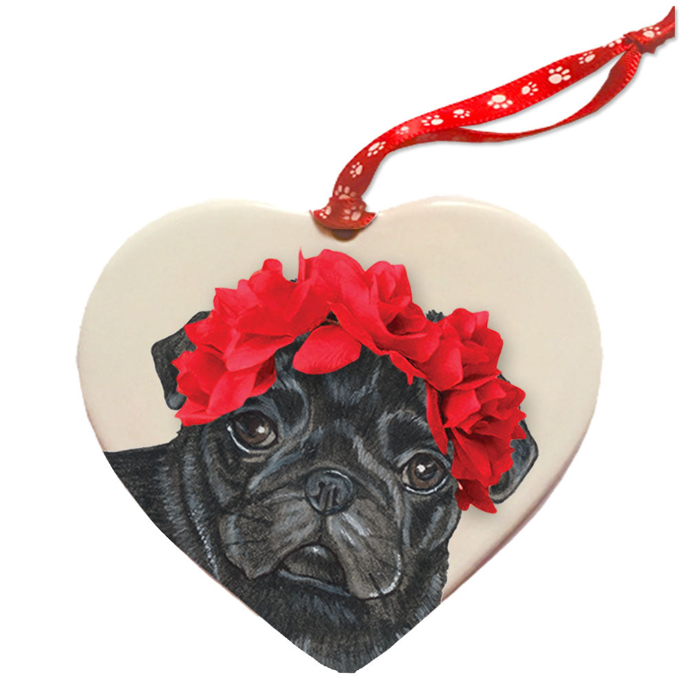 Pug Black Pug Porcelain Valentine’s Day Heart Ornament Pet Gift - Pipsqueakproductions