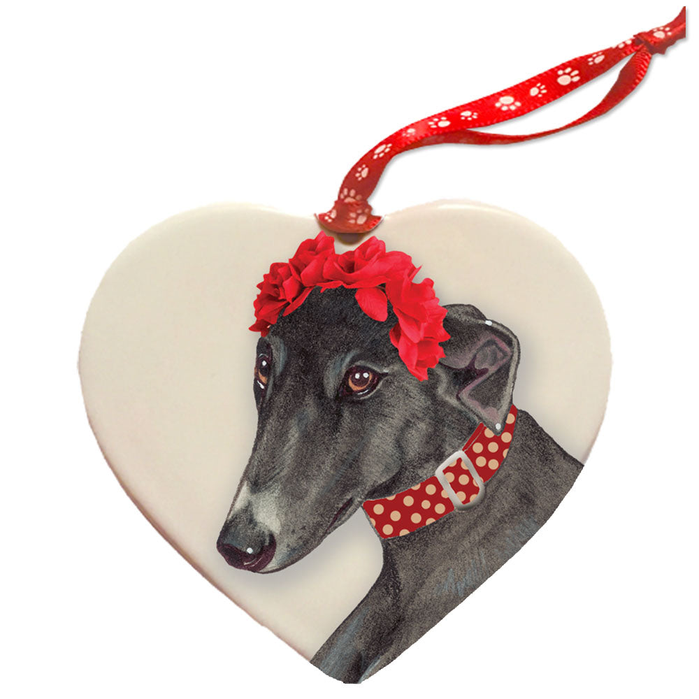 Greyhound, Black Greyhound, Porcelain Valentine’s Day Heart Ornament Double-sided - Pipsqueakproductions