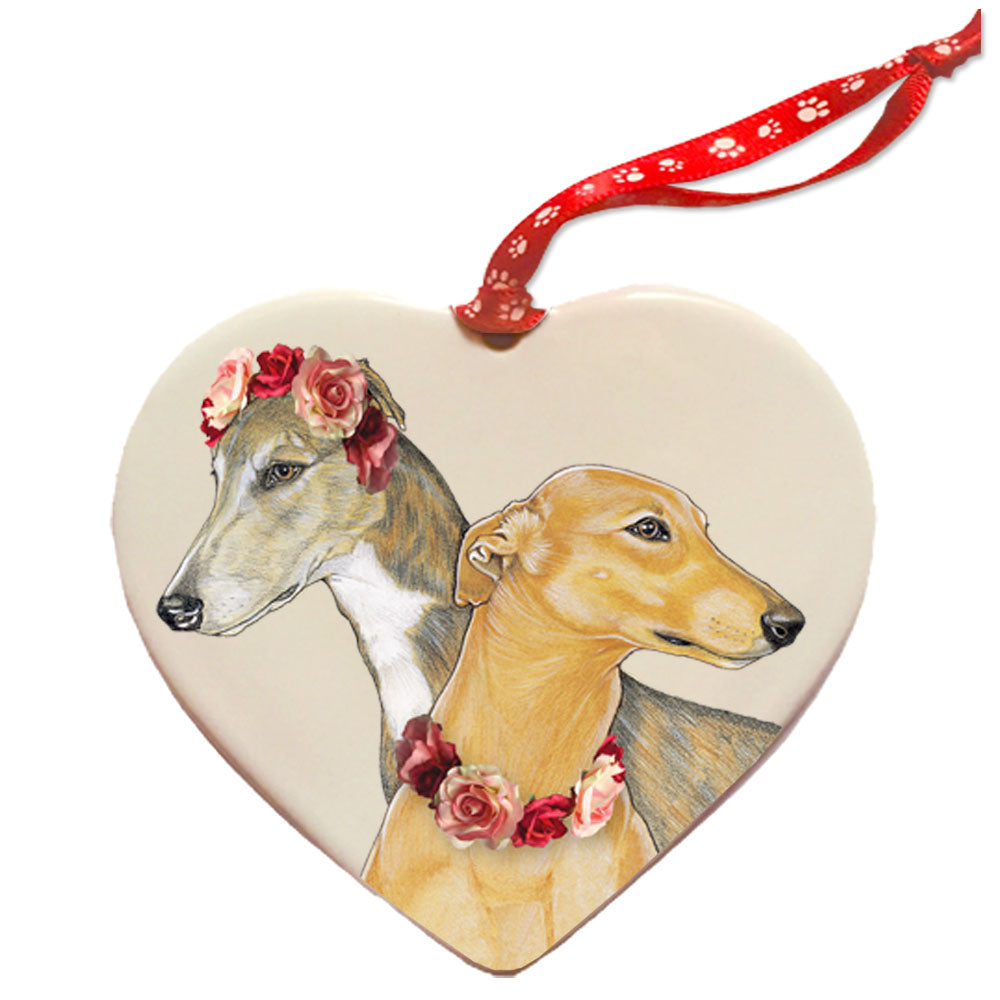 Greyhound Love Porcelain Valentine’s Day Heart Ornament Double-Sided - Pipsqueakproductions