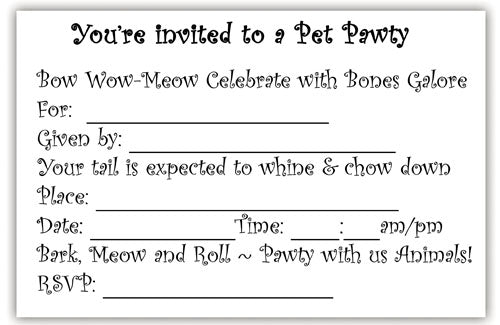 Pet Party Invitation Cards Set of 10 cards & 10 envelopes - Pipsqueakproductions