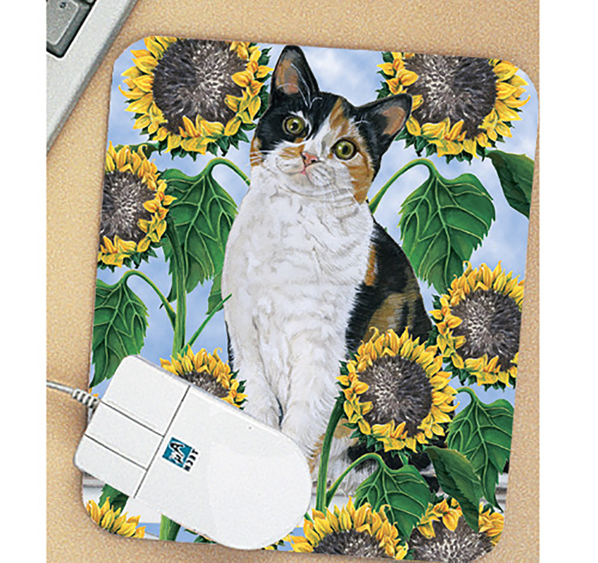 Calico Cat Under the Tuscan Sunflowers Mouse Pad - Pipsqueakproductions