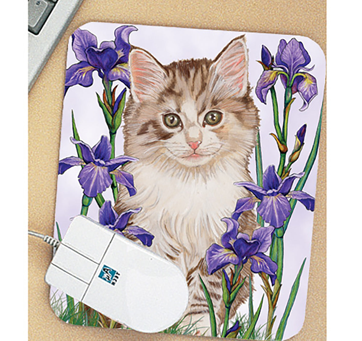 Cat Tabby Kitty with Iris Flowers Mouse Pad - Pipsqueakproductions
