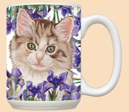 Tabby Cat with Iris Flowers Ceramic Coffee Mug Tea Cup 15 oz - Pipsqueakproductions