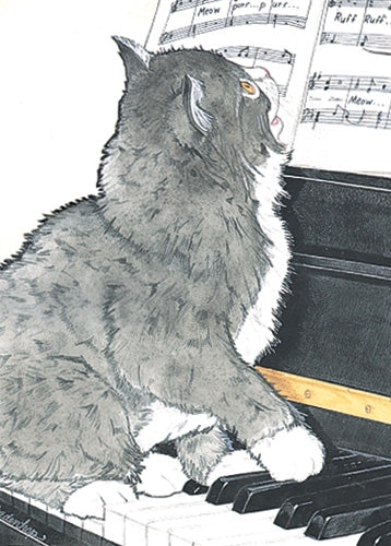 Cat Black and White Kitty Piano Blank Note Card - Pipsqueakproductions