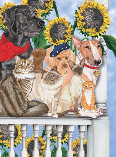 Dogs with Cats Under the Tuscan Sunflowers Birthday Card 5 x 7 with Envelope - Pipsqueakproductions