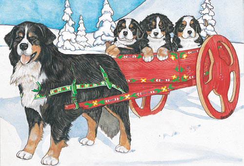 Bernese Mountain Dog Cart with Pups Blank Note Cards Boxed - Pipsqueakproductions