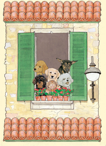 Dogs with Cats at the Villa Birthday Card 5 x 7 with Envelope - Pipsqueakproductions