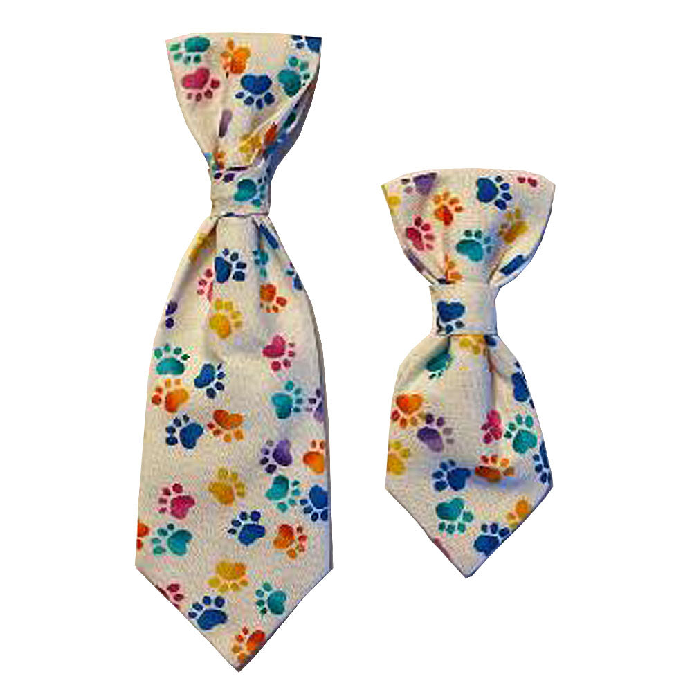 Dog Necktie White Cotton Fabric with Multi Color Paws - Pipsqueakproductions