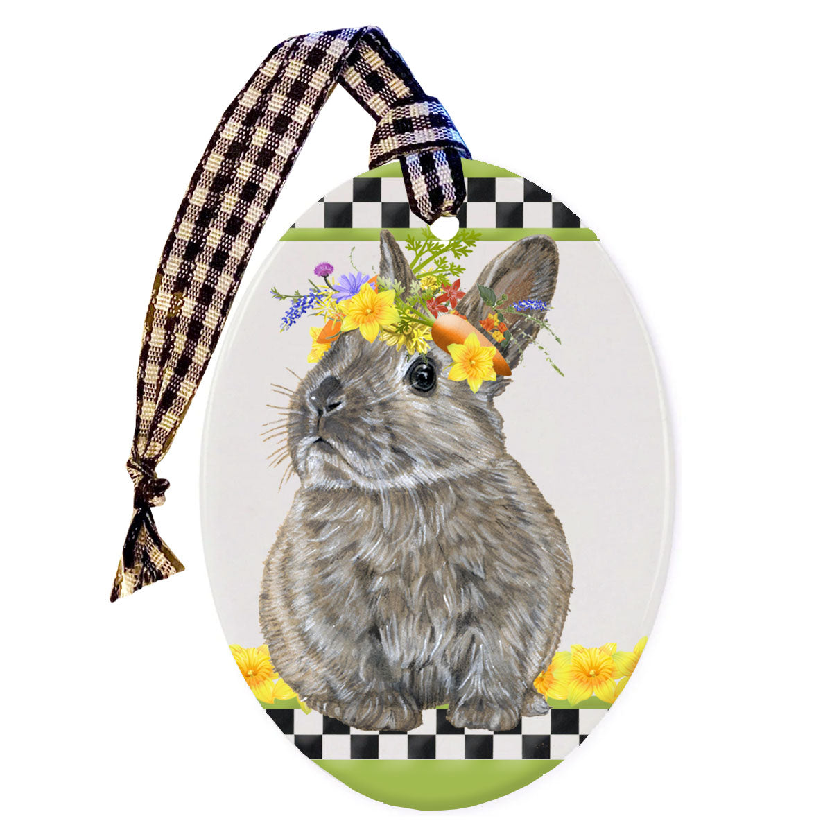Bunny Dwarf Grey Rabbit Floral Ceramic Oval Shaped Ornament Double-Sided - Pipsqueakproductions
