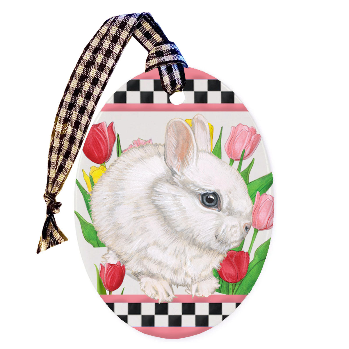 Bunny Dwarf White Rabbit Floral Ceramic Oval Shaped Ornament Double-Sided - Pipsqueakproductions