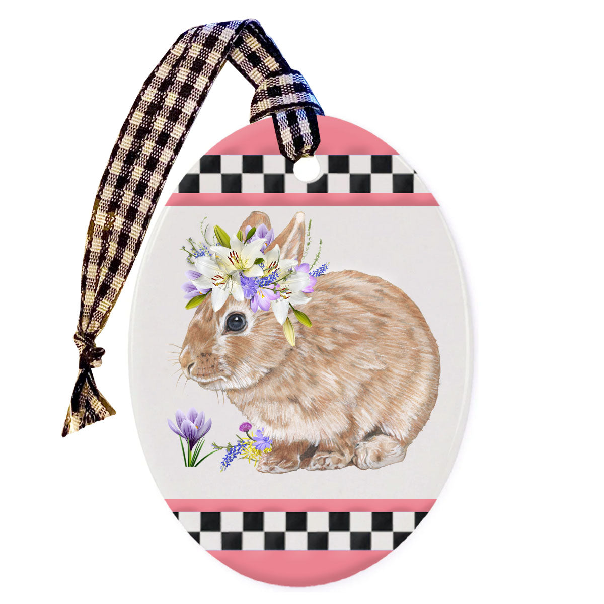 Bunny Dwarf Tan Rabbit with Flowers Ceramic Oval Shaped Ornament Décor Pet Gift - Pipsqueakproductions