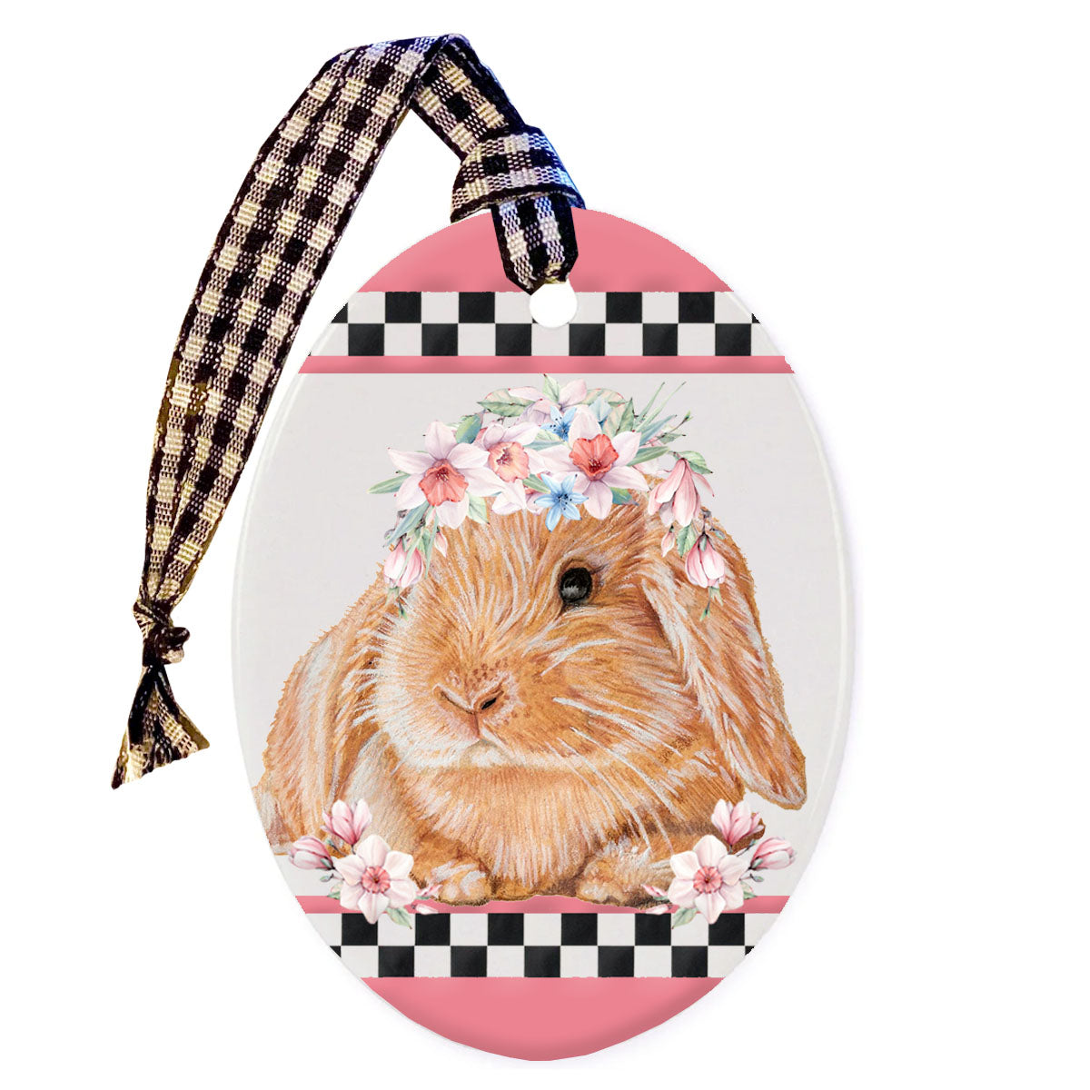 Bunny Lop Eared Fawn Rabbit Floral Ceramic Oval Ornament Double-sided - Pipsqueakproductions