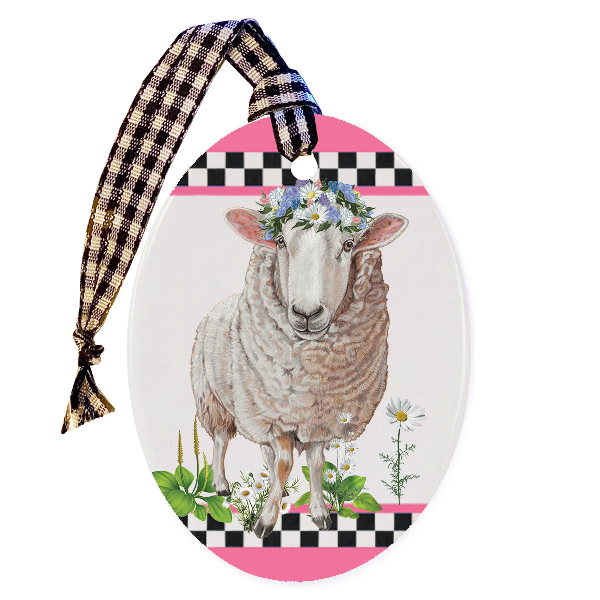 Cheviot Sheep Floral Ceramic Oval Shaped Ornament Double-Sided - Pipsqueakproductions