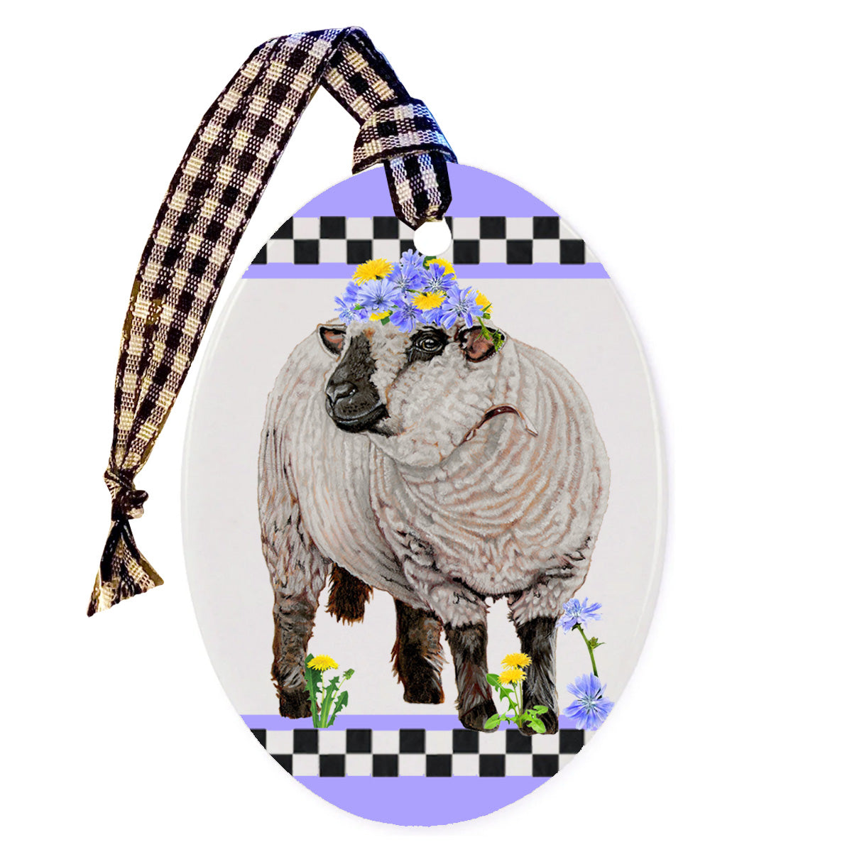 Hampshire Sheep with Flowers Ceramic Oval Shaped Ornament Décor Pet Gift - Pipsqueakproductions