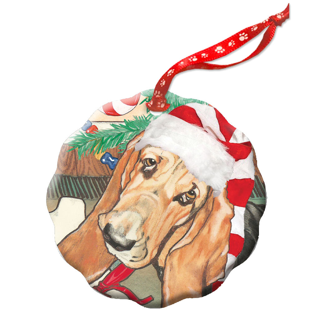 Basset Hound Blues Holiday Porcelain Christmas Tree Ornament Double-Sided 