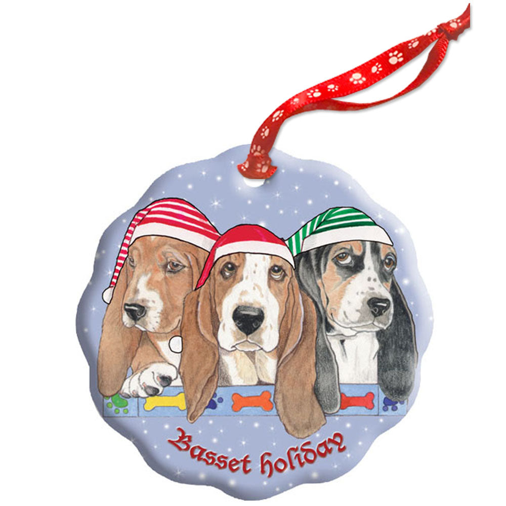 Basset Hound Holiday Porcelain Christmas Tree Ornament Double-Sided - Pipsqueakproductions