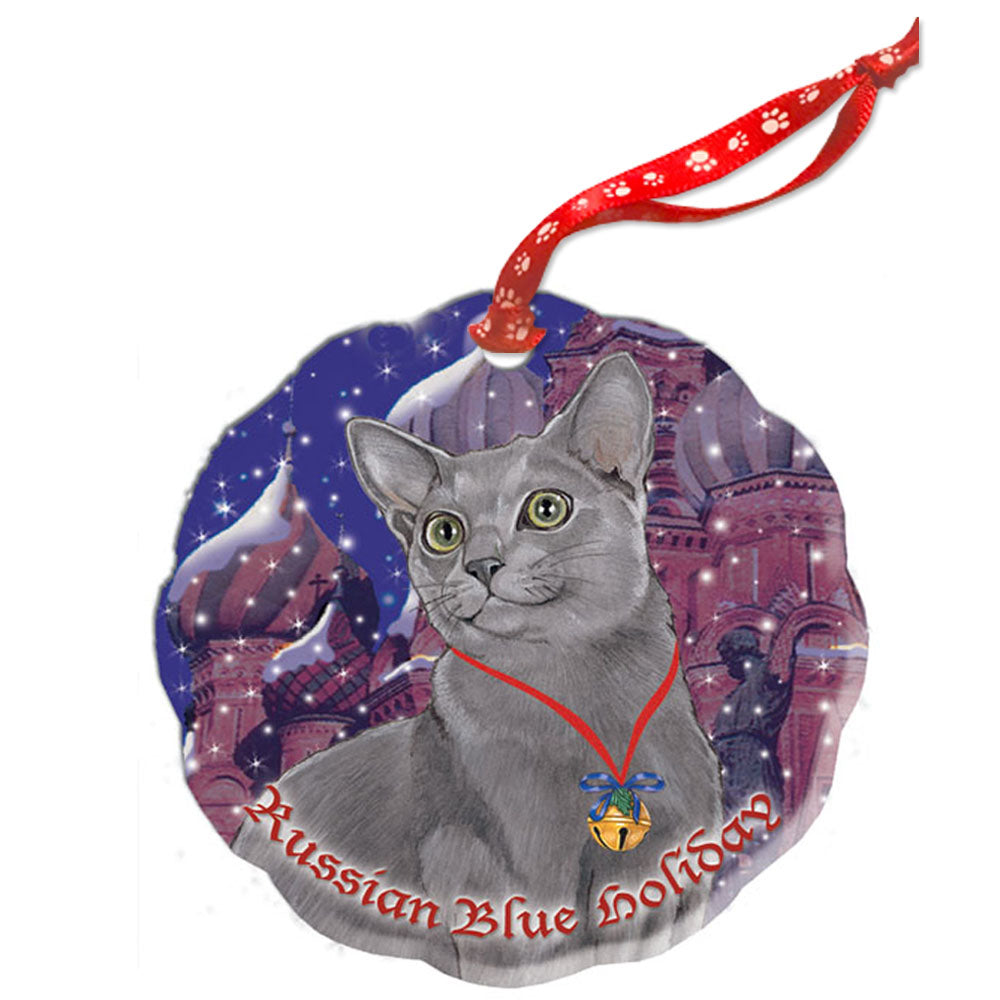 Russian Blue Cat Holiday Porcelain Christmas Tree Ornament - Pipsqueakproductions