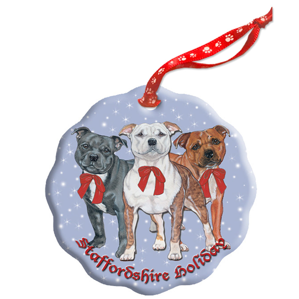 Staffordshire Bull Terrier Holiday Porcelain Christmas Tree Ornament - Pipsqueakproductions