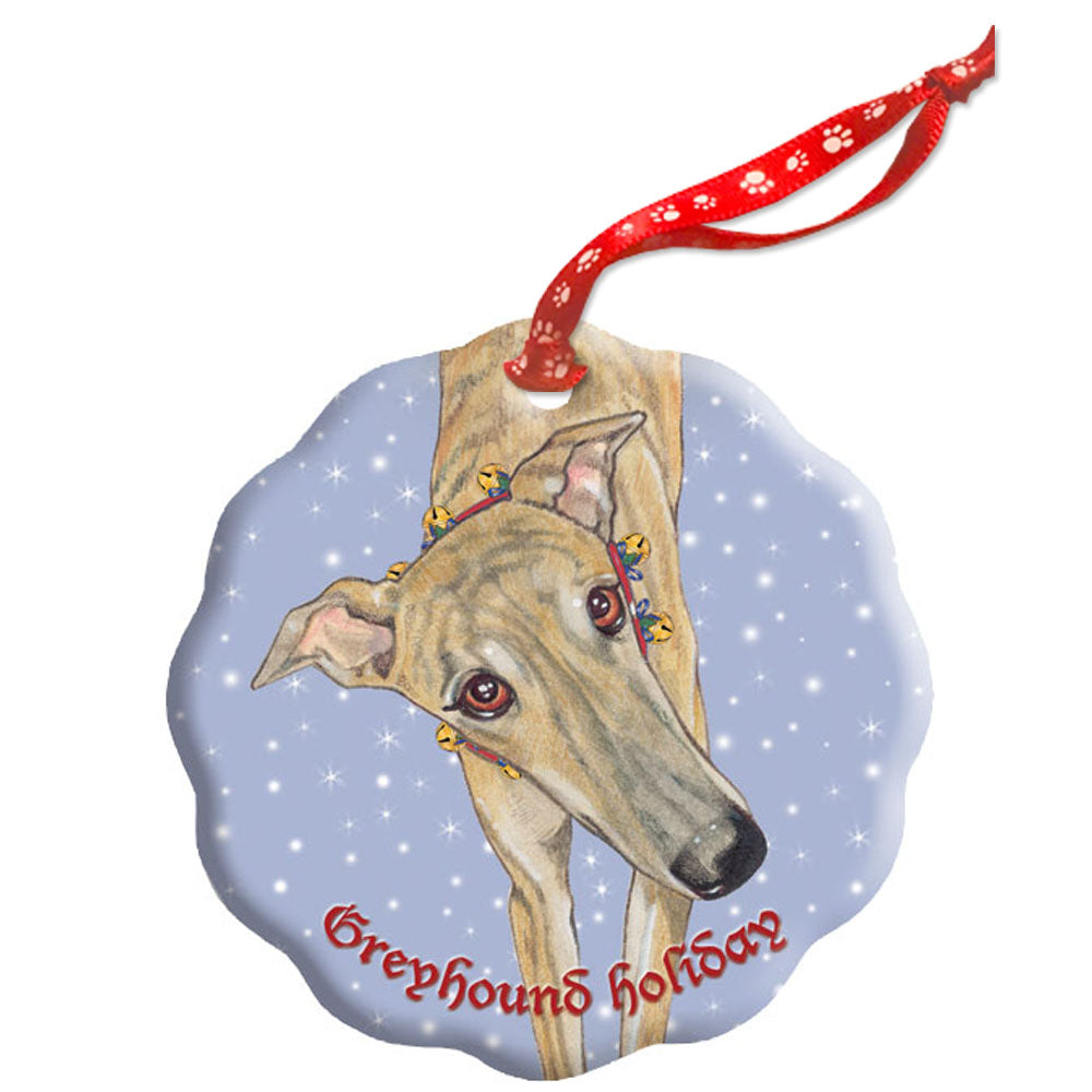 Greyhound, Brindle Greyhound, Holiday Porcelain Christmas Tree Ornament Double-Sided - Pipsqueakproductions