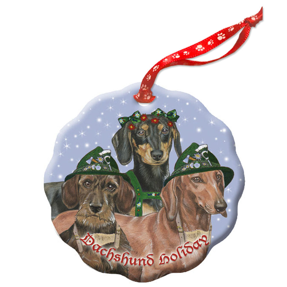 Dachshund Holiday Porcelain Christmas Tree Ornament Double-Sided - Pipsqueakproductions