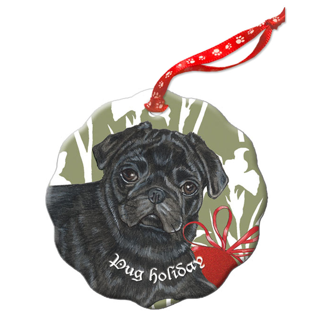 Pug Black Pug Holiday Porcelain Christmas Tree Ornament - Pipsqueakproductions