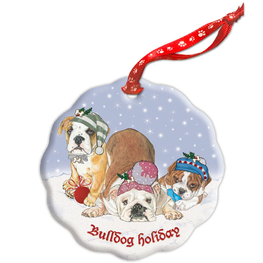 Bulldog Holiday Porcelain Christmas Tree Ornament Double-Sided - Pipsqueakproductions