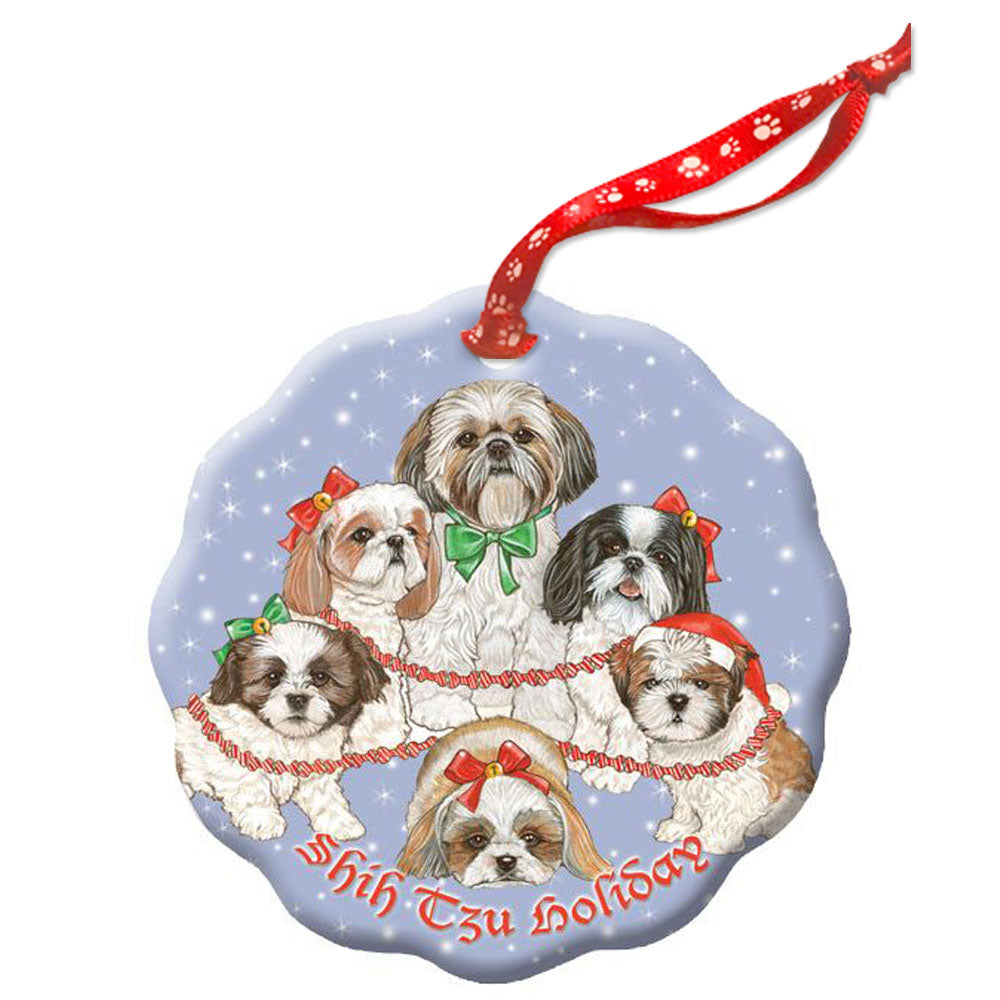 Shih Tzu Holiday Porcelain Christmas Tree Ornament - Pipsqueakproductions
