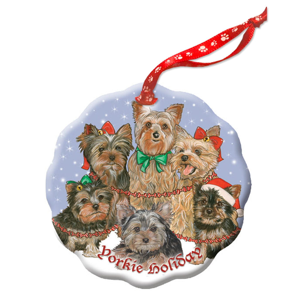 Yorkshire Terrier Yorkie Holiday Porcelain Christmas Tree Ornament - Pipsqueakproductions
