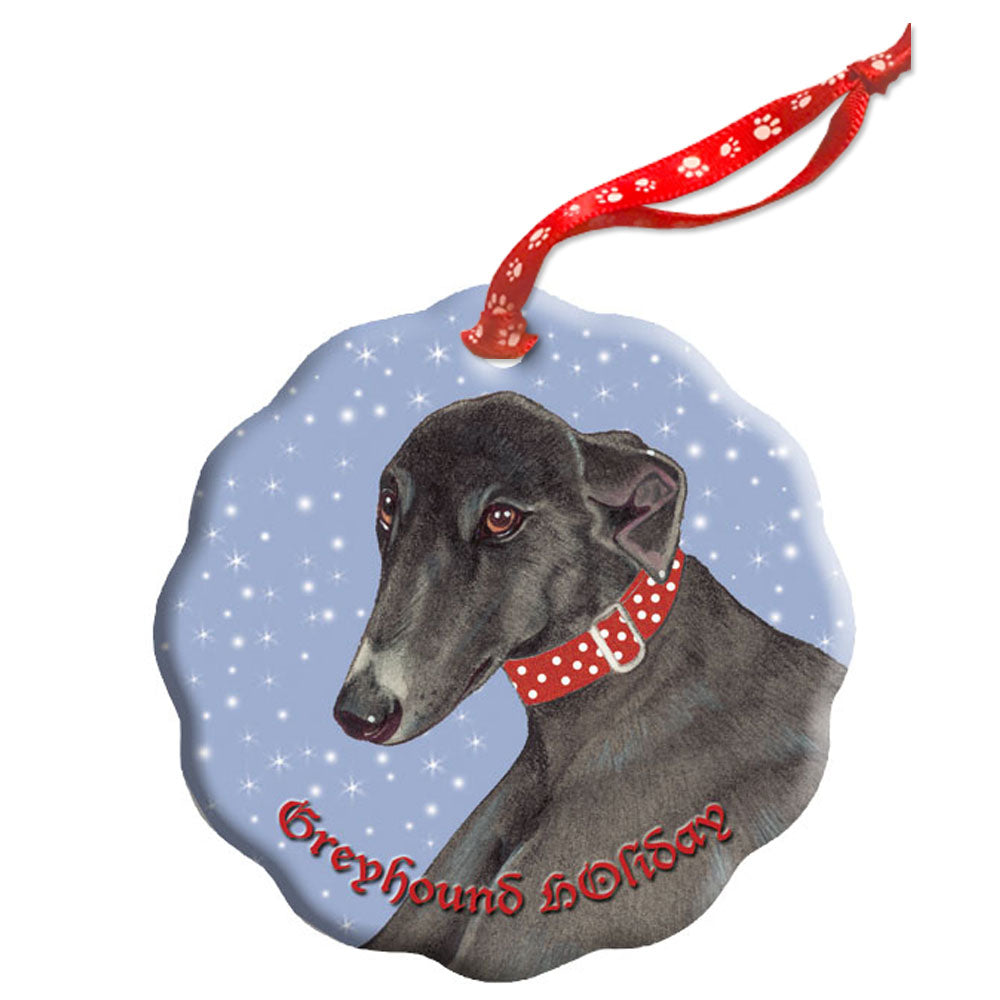 Greyhound, Black Greyhound, Holiday Porcelain Christmas Tree Ornament Double-Sided - Pipsqueakproductions