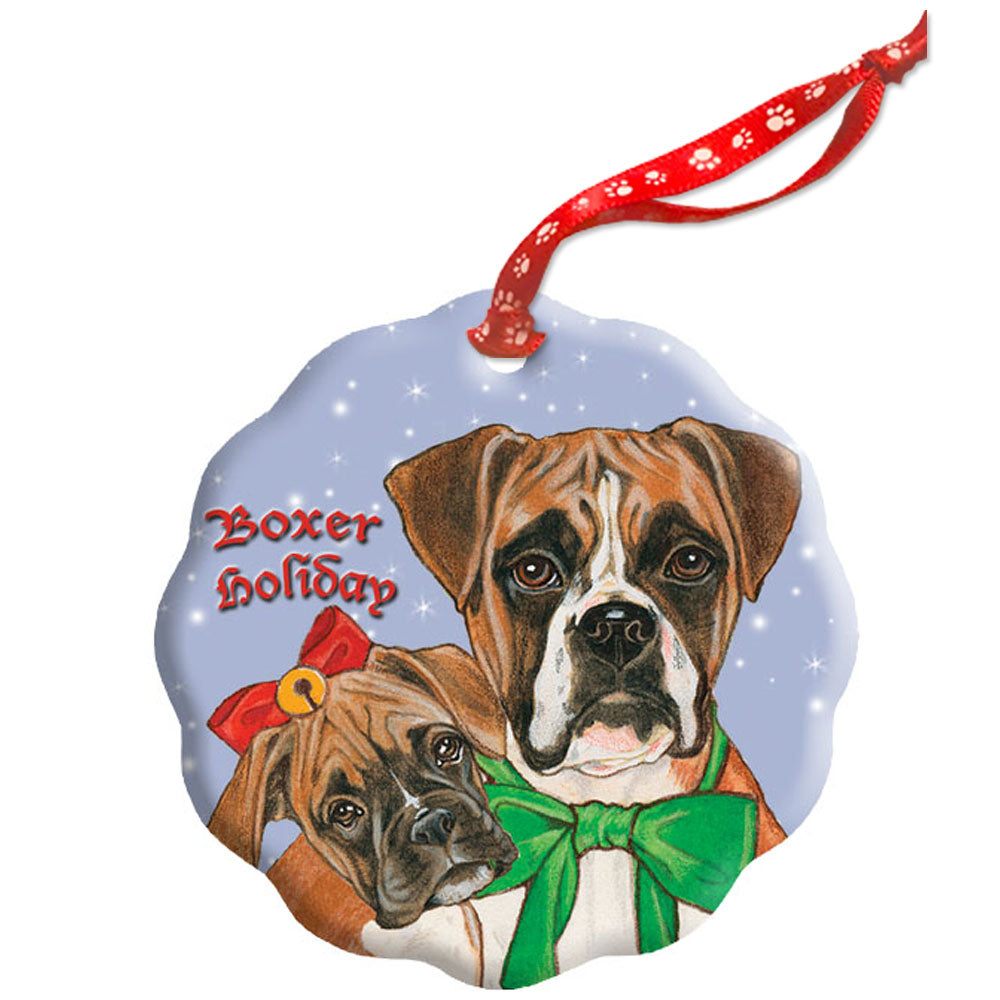 Boxer Holiday Porcelain Christmas Tree Ornament Doube-Sided - Pipsqueakproductions