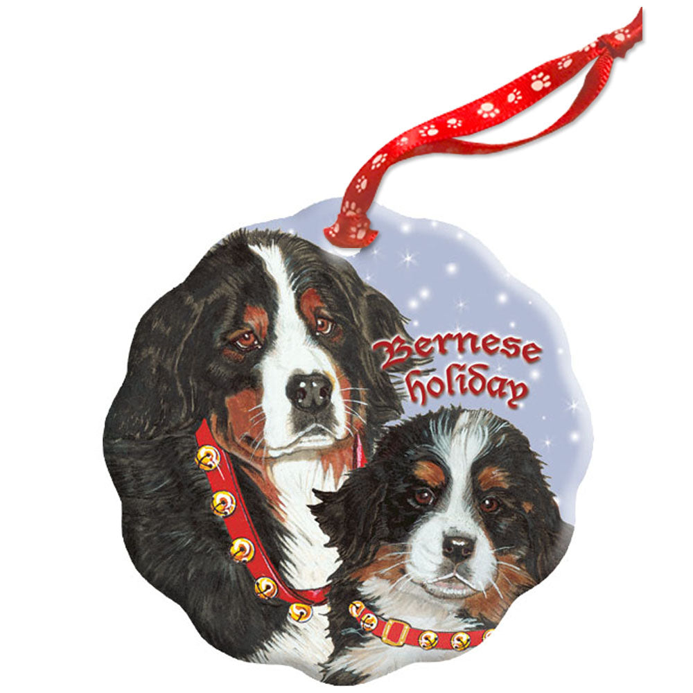 Bernese Mountain Dog Holiday Porcelain Christmas Tree Ornament Double-Sided - Pipsqueakproductions