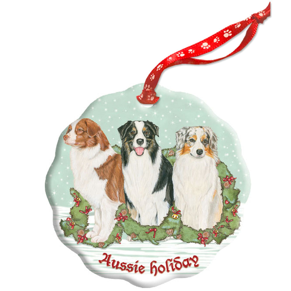 Australian Shepherd Holiday Porcelain Christmas Tree Ornament Double-Sided - Pipsqueakproductions