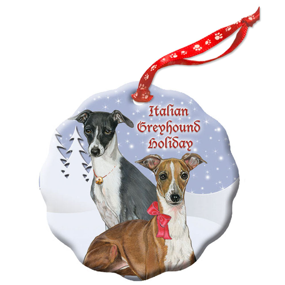 Italian Greyhound Holiday Porcelain Christmas Tree Ornament - Pipsqueakproductions